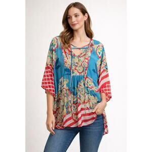 #70 Johnny Was Floral and Striped Tunic Top